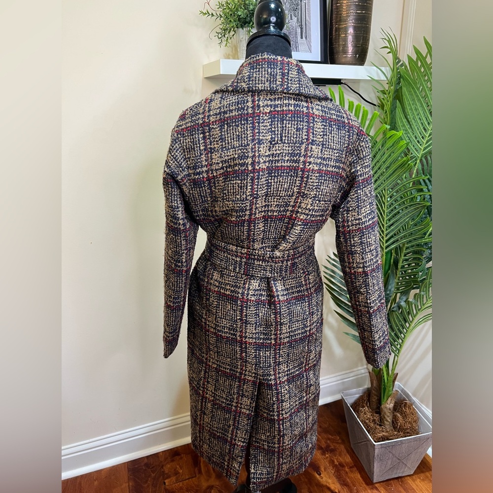 Express Plaid Wrap Oversized Tan Navy Red Trench Coat w/ Removable Belt XS - Picture 9 of 10